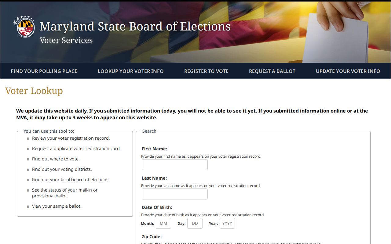 Langley Park people search view of Maryland voter lookup fields